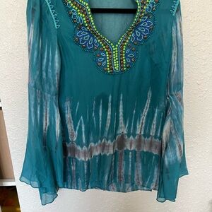 Hale Bob Teal and Gray Embellished Blouse